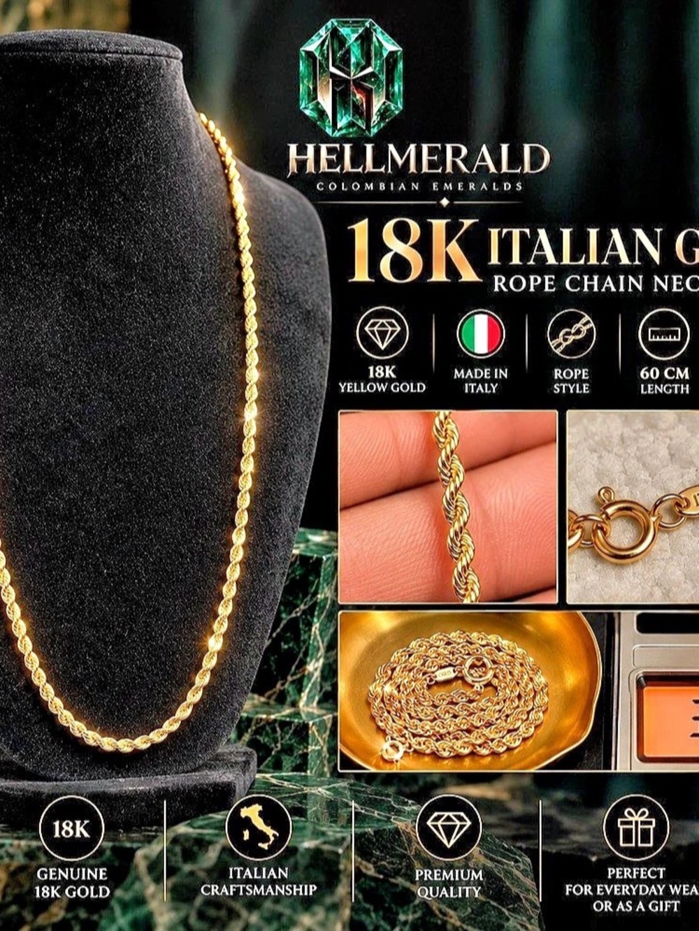 18K Italian Gold Rope Chain Necklace 60cm 3.49g – New – Made in Italy